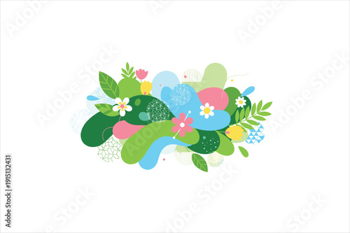 Colorful abstract floral arrangement with leaves and flowers on a clean white background