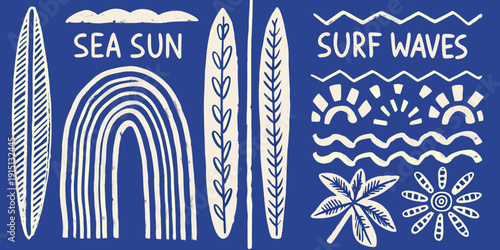 Stylized illustration of surfboards waves and tropical elements in blue