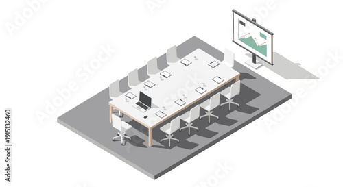 An isometric vector illustration of a conference room with a laptop, projection screen, and presentation. Use for backgrounds, business presentations, or teamwork concepts.