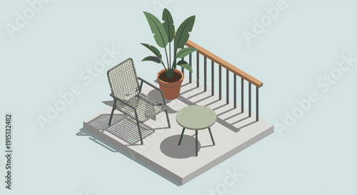 Minimalist isometric vector illustration of a small balcony with a chair, table, and potted plant. Soft pastel colors, clean lines, and simple shapes create a relaxing vibe.