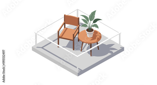 Isolated isometric view of a modern balcony with a wooden chair, table, and potted plant. Good for design, architecture, apartment concepts.