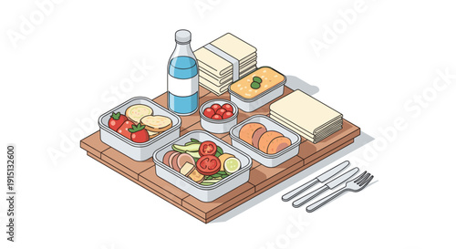 Isometric illustration of a bento box lunch with various compartments. Suitable for showcasing healthy eating, meal prep, and balanced diets. Ideal for nutrition, food, or health content.