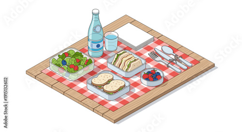 Isometric vector illustration of a picnic lunch, showing sandwiches, salad, berries, and water on a wooden board with gingham cloth. For healthy eating, lifestyle concepts.