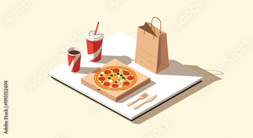 Isometric illustration of a take-out pizza, drinks, paper bag, and cutlery on a table. Suitable for websites, advertising, and social media related to pizza delivery.