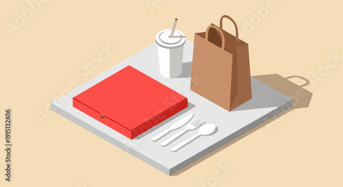 Isometric vector illustration of takeout food. Includes a pizza box, drink with straw, a brown paper bag, and plastic silverware on a tray. Ideal for food delivery apps.