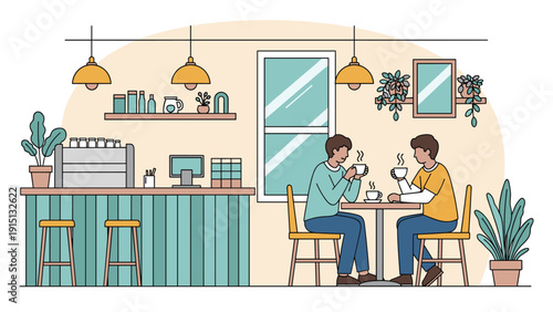 Two male friends sit at a table in a modern cafe and enjoy drinking coffee while having a casual conversation.