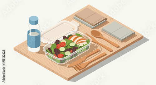 Illustration of healthy lunch box with chicken salad, water bottle, and wooden cutlery, ideal for diet, nutrition, and takeaway food related content.