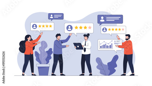 Group of people provides feedback and star ratings for products or services in a modern digital review concept.