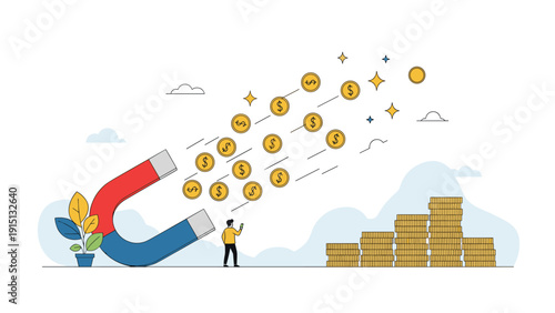 Large horseshoe magnet attracts many gold coins towards a businessman standing near a big pile of money.