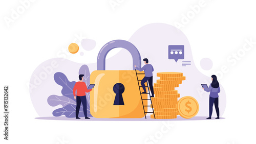 Small people work together around a large golden padlock and stacks of coins to symbolize financial security.