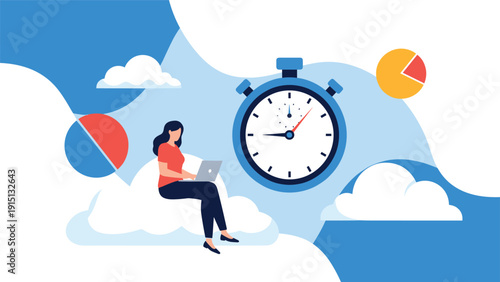 Woman works on her laptop while sitting on a cloud with a large stopwatch representing time management.