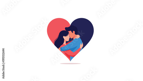 Romantic couple embraces each other inside a large red and blue heart frame representing love and deep care.