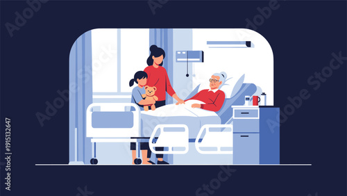 Family visits an elderly relative in a hospital room to provide comfort and strong emotional support during recovery.