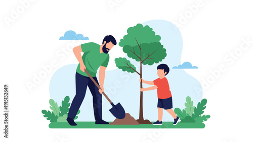 Father and young son plant a small tree together in a park to promote environmental care and sustainability.