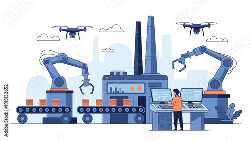Automated factory uses robotic arms and drones to manufacture products monitored by a professional technician.