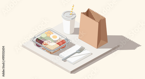 Still life of an isometric lunch box containing a sandwich and salad, along with a drink, paper bag, and utensil. Minimalist design for food delivery concepts.