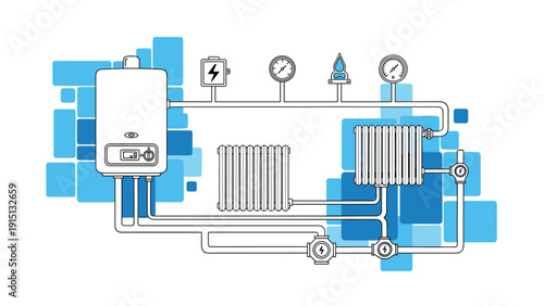 Technical diagram illustrates a home heating system with a gas boiler, radiators, pipes, and several gauges.