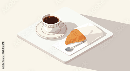 Isometric illustration of coffee and a croissant on a tray. Perfect for blogs, websites, or promotional materials for cafes, bakeries, or breakfast spots. Clean, simple design with soft colors.