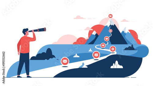 Person uses a telescope to look at a distant mountain peak with email icons representing a clear business goal.