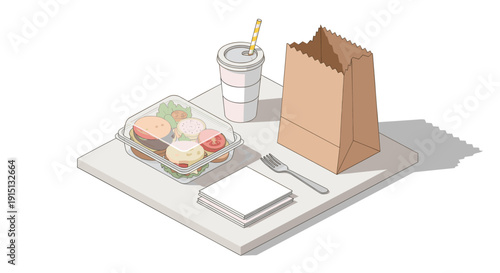 Isometric vector illustration of fast food meal. Includes burgers in plastic container, drink cup with straw, paper bag, fork and napkins. Concept for delivery or takeout.