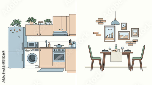 Modern interior design illustration showing a tidy kitchen with domestic appliances and a dining table set for an elegant dinner.