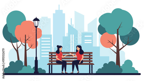 Two women friends are sitting on a public park bench chatting with a modern city skyline and green trees in the background.