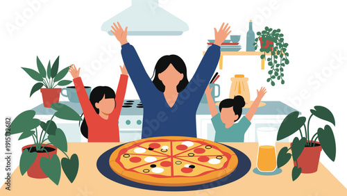 Happy family with two children celebrates around a table with a large pizza with their arms raised very high.
