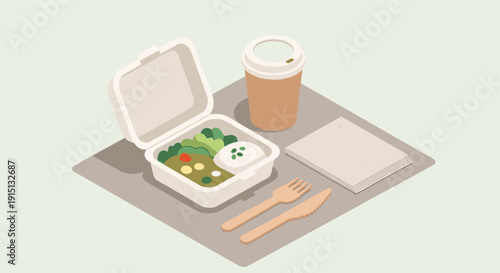 Isometric illustration of a takeout container with salad, coffee cup, wooden cutlery and napkins, simple minimalistic style on a pale green background.
