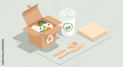 Illustration of a takeout box with food, coffee cup with leaf logo, napkins, and wooden cutlery. Perfect for concepts like sustainability, eco-friendly packaging, and food delivery.