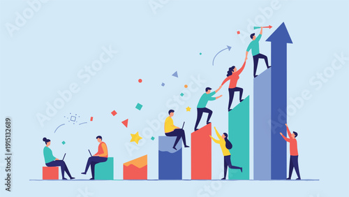 Business team climbing a colorful bar graph that forms a rising arrow symbolising growth, cooperation, and collective success.