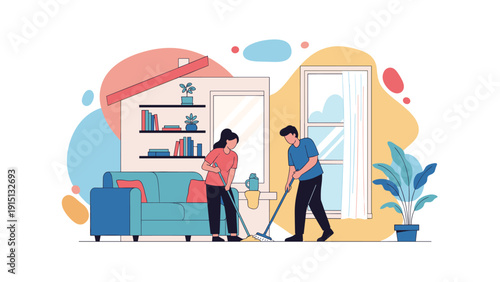 Young couple performing household chores by sweeping the living room floor together in their modern and tidy apartment home.