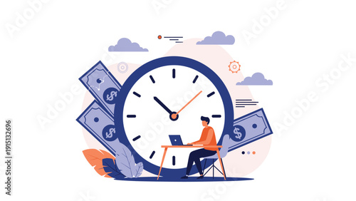 Professional businessman working on a laptop at a desk in front of a giant clock with banknotes in the background for time is money.
