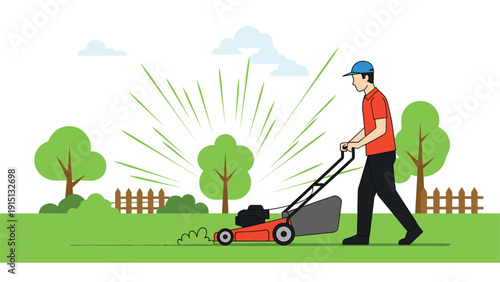 Male gardener in a red shirt maintaining the backyard lawn using a red grass cutter machine on a sunny day with green trees.
