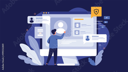 Professional man interacting with a giant computer monitor showing user profiles and security icons for social media data management.