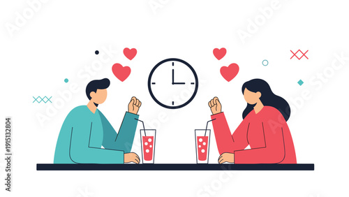Romantic time together concept with a couple on a date at a cafe, enjoying drinks and sharing a special moment with hearts and a clock.