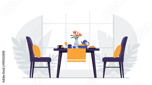 Elegant and cozy interior design of a dining room with a prepared table setting, teapot, flowers, and a large window in the background.