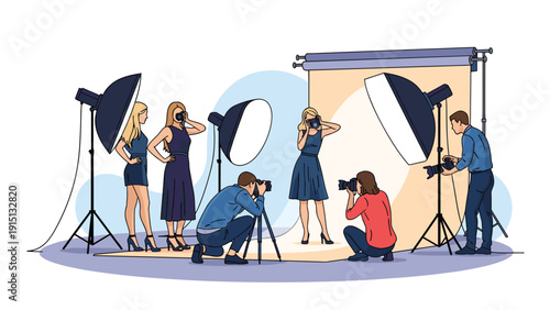 Professional photographers and models working together in a well-equipped photo studio with backdrops and lighting equipment.