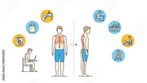 Comparative illustration showing correct and incorrect body posture while sitting at a desk and standing to prevent spinal issues.