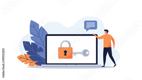 Digital security concept featuring a man standing next to a laptop screen displaying a large padlock and key for data protection.