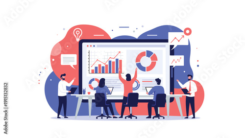 Group of data analysts collaborating around a large digital dashboard featuring various financial charts and growth statistics.