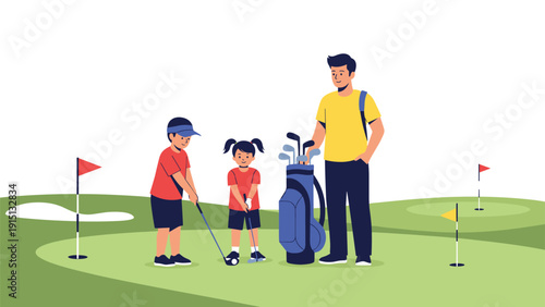 Father and his two young children spending quality time together practicing golf on a green course during a sunny outdoor day.