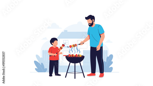 Man and his young son enjoying a backyard barbecue while grilling skewers of food near their family home on a pleasant day.