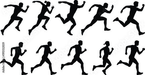 Running silhouette collection, men women sprint jogging poses, athlete fitness sport exercise people vector illustration isolated white background