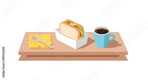 Clean illustration of a sandwich in a box, coffee mug, napkin, and fork on a wooden table. Could be used for food blogs, restaurant menus, or meal related content.