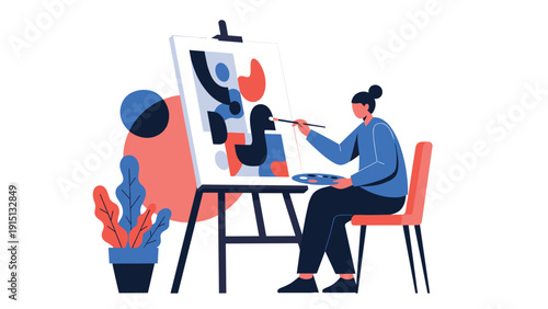 Creative artist sitting in a studio and painting an abstract colorful artwork on a canvas with a brush and palette.