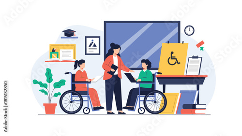 Inclusive education scene showing a teacher assisting two students in wheelchairs using laptops in a modern classroom setting.