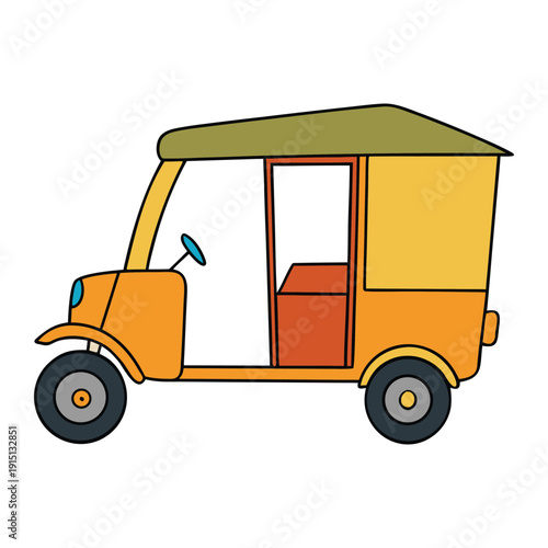 A colorful rickshaw glides through bustling streets, its cheerful canopy and open sides carrying passengers with charm and a touch of old-world charm.
