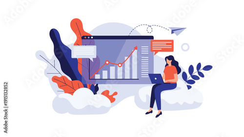 Professional woman sitting on a cloud while working on her laptop with a large data growth chart appearing in the background.