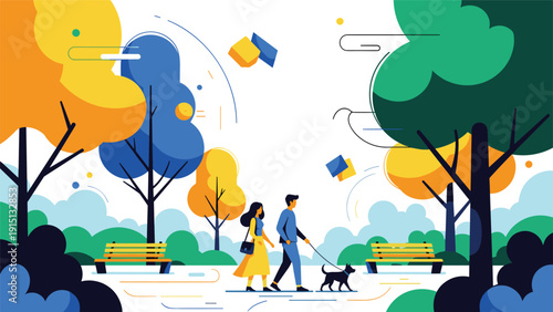 Young couple enjoying a peaceful walk with their small dog through a colorful park filled with stylized trees and wooden benches.