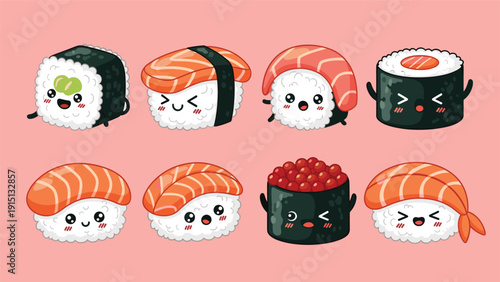 Set of adorable sushi and maki roll characters with cute faces and happy expressions on a pink background for food lovers.